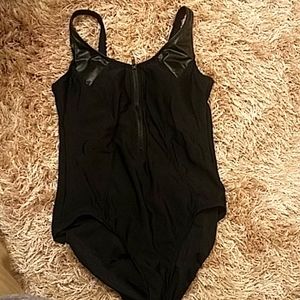 Black leather bathing suit onesie